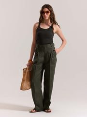 Dark Green Linen Baggy Fit Trousers